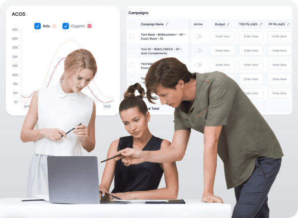 Team reviewing Amazon PPC campaign performance with ACOS and campaign data overlays