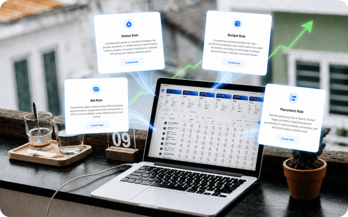 Laptop showing Xquantum campaign rules: Status Rule, Budget Rule, Bid Rule, Placement Rule